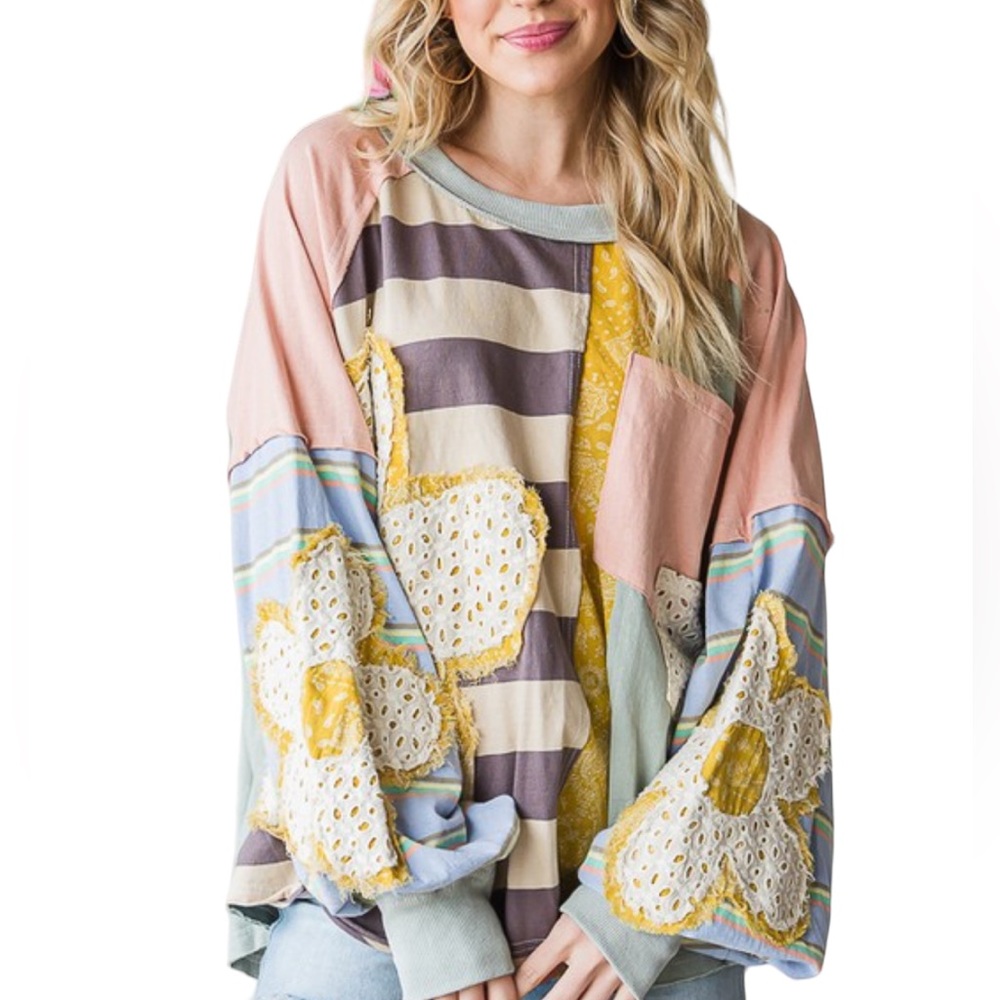 076. Women’s Daisy Multi-Color Patchwork Oversized Top - Picture 2 of 10